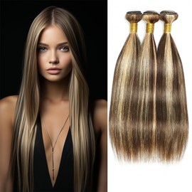 Ombre Blonde Highlight Straight Bundles P4/613 Human Hair Bundles Highlight Brown Bundles Brazilian Remy Hair Double Weft Soft And Silky Bundles Extensions for Black Women 20 22 24 Inch