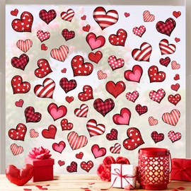 Mfault 133 PCS Valentine's Day Window Clings 9 Sheets, Red Pink Love Hearts Plaid Stripes Polka Dots Valentine Wall Sticker Decal Decoration, Anniversary Wedding Holiday Living Room Home Kitchen Decor