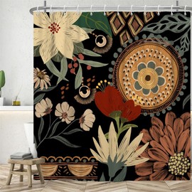 Uiiooazy Shower Curtain Boho Abstract Shower Curtain Flowers Colourful Vintage Shower Curtains Anti Mould Waterproof Polyester Fabric Washable Opaque Bathroom Curtain with 12 Hooks for Bathroom 200 W