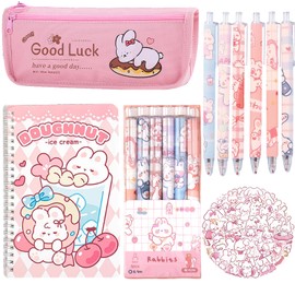 SIMSHOTUS 58PCS Cute Rabbit School Supplies Set Kawaii Stationery Kit Gift Set Back to School, Including Notebook,Gel Pens,Pencil Case,Stickers,Festival Holiday Birthday Gifts for Kids