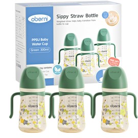Oberni Oberni Sippy Cup, PPSU Baby Water Bottle, Toddler Straw Cup with Leakproof Spout for 6+ Months, Green/300ml/10oz/3Pack