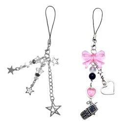 MGBISYI 2PCS Cute Y2K Phone Bowknot Pendant Phone Charm Straps Y2K Accessories Star Phone Charm Y2K Accessories for Phone Bag Keychain Decor, sliver,pink