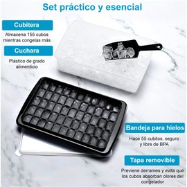 U Chef Bandeja para Cubitos de Hielo con Tapa y Contenedor para Congelador, Molde para hacer Hielo de 55 Cavidades para cóctel, café, de Fácil Liberación, con Cuchara para Hielo (Negro)