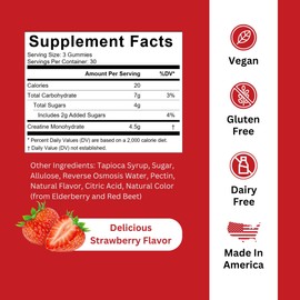 Creatine Monohydrate Gummies - 1.5g of Creatine Per Gummy - Build Muscle, Recover Faster, Enhance Cognition - Strawberry Flavor - 90ct