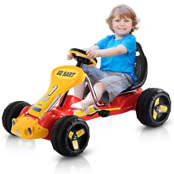 HOMGX Pedal Go Kart for Kids, Pedal Powered Ride on Car w/Non-Slip Tires, Toddler Ride on Kart w/3-Level Adjustable Bucket Seat, Outdoor Racing Ride on Toy for Boys & Girls (Red)