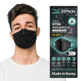 PUREMATE [20 Packs Made in Korea KF94 Face Mask White Black Individual Wrapped Filter Efficiency ≥ 94% (Large (Pack of 20), Black)