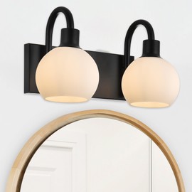 WINSHEN 12.2 Inch Bathroom Vanity Light Fixtures, 2-Lights Wall Sconce Bath Vanity Lighting with Milk White Globe Glass Shade, Modern Black Wall Mounted Lamp for Hallway Bedroom