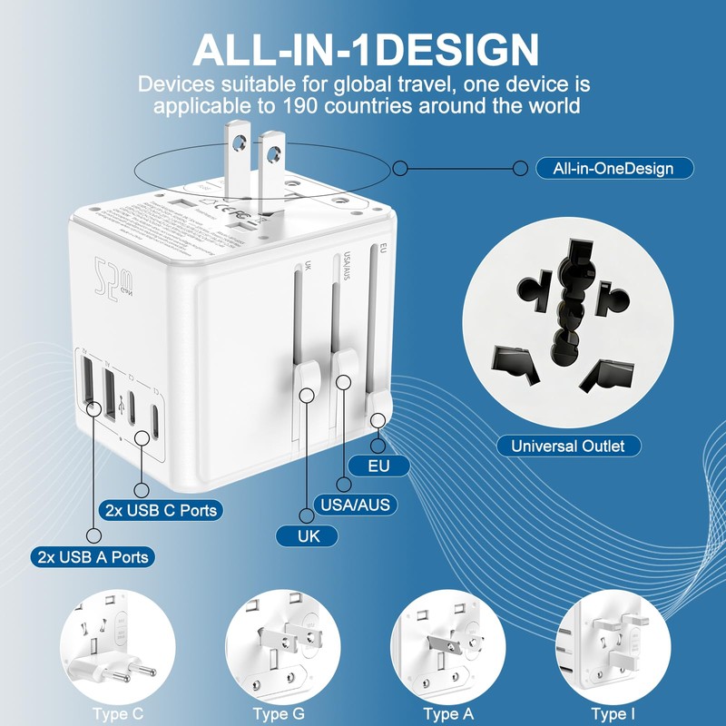Universal Travel Adapter 25W, International Power Plug Converter with 2500W