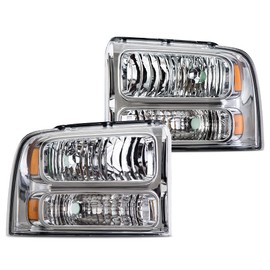CHEDA Headlights Assembly, Compatible with 2005 2006 2007 Ford F250 F350 F450 F550 Super Duty bumper Headlamp（Clear lens Chrome Housing Amber Reflector） Faros Conjunto De Faros
