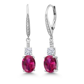 Gem Stone King 925 Sterling Silver Red Created Ruby White Moissanite and Lab Grown Diamond Dangle Earrings for Women (4.49 Cttw, Oval 9X7MM, Round 4MM)