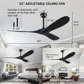 OMYU 52'' Ceiling Fan without Lights, Black Modern 3 Blades Ceiling Fan with Remote Control, 6 Speed Quiet Reversible DC Motor, Indoor Outdoor Ceiling Fans for Bedroom Dining Room Study Patios.