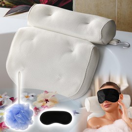 Luxury Bathtub Pillow - Luxury 3D Mesh Bathtub Pillow for Neck and Back Support with Eye Mask, Loofah and 6 Non-Slip Suction Cups, White