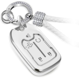 CTRINEWS for GMC Key Fob Cover with Luxury Diamond Bling Braided Rope Keychain, Upgraded Soft Case for Terrain Yukon XL Acadia Sierra Chevy Silverado Suburban Tahoe (5 buttons) Shell (Silver, A2)