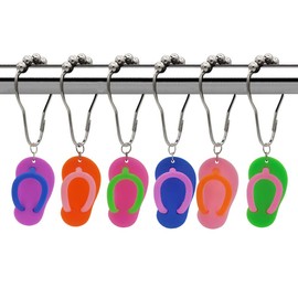 Slippers Shower Curtain Hooks for Decorative Home Bathroom - Rust Proof Metal Stainless Steel Shower Curtain Rings Set of 12 with Fun Flip Flops Art Beach Summer Themed Bathroom Tub Decor Accessories