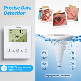 Zuomeng Wireless Pool Monitor, Solar Pool Water Tester with Dual Displays & High-Precision Electrode for Real-Time Detection of Water Temp pH EC TDS for All Swimming Pools, Spas, and Hot Tubs
