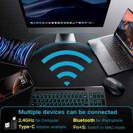 Hamile Wireless Keyboard and Mouse Combo - Quiet Ergonomic Keyboard with Wrist Rest, 8 Backlit Effects, 2.4G&Bluetooth, Slim Rechargeable Mouse and Keyboard with Holder for Windows, Mac, Black