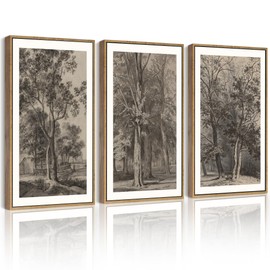 PHOPAGO Vintage Tree Framed Wall Art Large 16x24in Retro Forest Wall Decor Nature Wilderness Sketch Paints Modern Bedroom Living Room Decor - Natural Framed