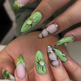 Almond Press on Nails Medium Fake Nails with Gem Pearls Green Acrylic Full Cover with Butterfly Print Golden Circle Stripe Designs Glue on Nails Stiletto Nails Reusable Stick on Nails for Women 24PCS