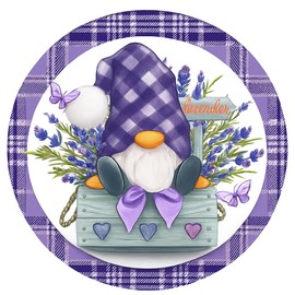Spring Gnome Lavender Flower Tin Sign – 8x8 Inch Buffalo Plaid Metal Door Hanger for Front Door, Farmhouse Summer Porch Decor, Rustic Wall Wreath for Yard, Garden, Home