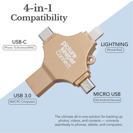 Picture Keeper Connect for iPhone, Android, USB-C, PC & Mac - 64GB USB Backup for Photos, Videos, Contacts, Flash Drive Memory Backup - 64GB, Gold