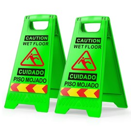 2 Pack Wet Floor Sign, Caution Wet Floor Sign with Reflective Tape, 17.5" Height Double-Sided Bilingual Warning Signs for Shop Restaurant Hotel Supermarket Cinema(Green)