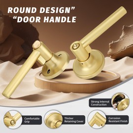Gaurqiah Brushed Gold Privacy Door Handle, Round Design Keyless Door Lever with Lock, Reversible Door Lever for Bathroom Bedroom, Satin Brass
