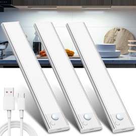 JEKEMORYE Schrankbeleuchtung Unterbauleuchte Küche Led Bewegungsmelder - 20CM Weiß 3 Stück Kabellos Unterschrank Lichtleiste mit USB Aufladbar Akku Unterbau Küchen Beleuchtung für Kleiderschrank Unterschrank