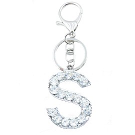 Xsclpomddy Alphabet Letter Key Ring Cute Key Ring Glitter Stones Silver Keychain for Bag Charm, s