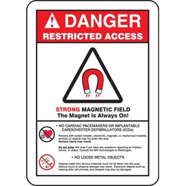 Accuform MRAD140XT Legend "Danger Restricted Access Strong Magnetic Field The Magnet is Always ON" Sign, 14" Height, 10" Wide, 14" Length, 0.060" Thickness, Dura-Plastic, Red/Black on White