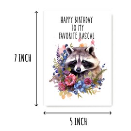 GoGiDesigns Happy Birthday To My Favorite Rascal Card - Raccoon Flowers Birthday Card - Cute Raccoon Greeting Card - Funny Card, White