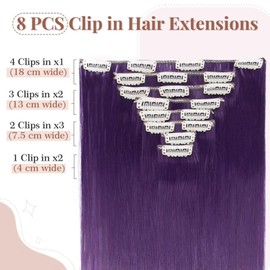 TESS Clip-In Extensions Like Real Hair, Synthetic Hair, 8 Pieces, 18 Clips, Straight Hair Pieces, Dark Purple, 26 Inches (66 cm), 140 g