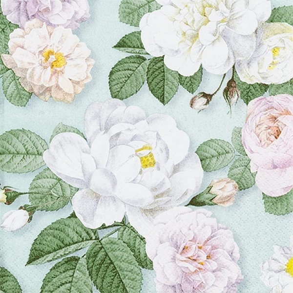 20 Small Cocktail Napkins White Roses on Mint | Table