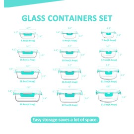 KOMUEE 24 Pieces Glass Food Storage Containers Set,Glass Meal Prep Containers-Stackable Airtight Glass Storage Containers with lids,Freezer, Microwave, Oven Safe,Green