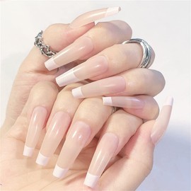 French Tip Press On Nails Kit Coffin Long Fake Nails Press On Full Cover Nail Tips French Artificial Nails Ballerina Stick On False Nails For Women And Gilrs Diy French Manicure Nails 24pcs/Set