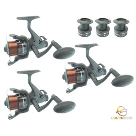 3 X Carp Pike Bait Hook Runner Reel Freespool Reel + Line & Spare Spool Hunter Pro Carp Pike Reel