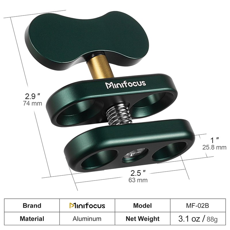 MINIFOCUS Aluminum 1" Ball Clamp Mount, Double Socket Arm, 360°
