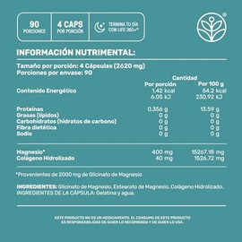 LIFE 360+ Glicinato de Magnesio | 360 Cápsulas de 655 mg | Colágeno Hidrolizado | 90 Porciones | Suplementos Alimenticios | Magnesium Glycinate Collag
