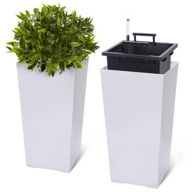 GarveeLife 22.5" Tall Planters Set of 2, Outdoor＆Indoor Black Planter Pots, High Front Porch Planter Pots with Drainage Holes＆Water Level Monitor＆Inner Bucket, Automatic Watering, White