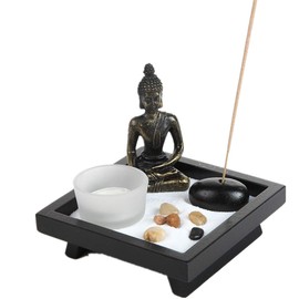 Thailändisches Kerzenhalter-Geschenk-Set mit mit Buddha-Statue - mit Naturstein - mit Räucherstäbchenhalter, Sitting Buddha HD38