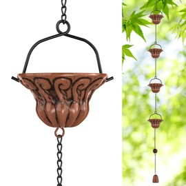 8.6ft Rain Chain for Outside, 10 Bell Cups Copper Rain Chains for Gutters, Rain Catcher Chain, Garden Decorative Rainwater Gutter Chains Rain Diverter for Roof Replace Downspout (Vintage Copper)