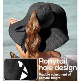 Sun Hats for Women with Ponytail Hole, Wide Brim Beach Hats for Women, Floppy Straw Hat Foldable, Packable Summer Hats Women Black