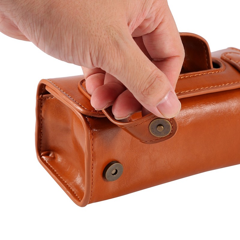 Fashion Men's Portable Cosmetic Pouch Brown PU Leather Shaving Brush