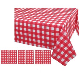LASLU Pack of 6 Plastic Red and White Checkered Tablecloths Picnic/Camping/Party/Banquet Table Cover/Reusable Tablecloths-108 x 54 inches Vinyl Tablecloth (Red and White)