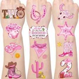 Gameza Western Cowgirl Temporary Tattoos - 200+ This Ain't My First Rodeo It's My Second Birthday Decorations Supplies Favors Cowgirl 2nd Birthday Decor for Girls Pink Wild West Tattoo Stickers Prizes