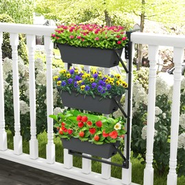 Giantex Vertical Raised Garden Bed, Hanging & Wall-Mounted Planter Garden Boxes, Adjustable Shelf & Detachable Hooks, 3-Tier Railing Raised Beds for Flower Strawberry Vegetable