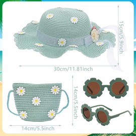 KDFSSIPE Cappello da Spiaggia Estivo Set di Borse Cappello di Paglia con Fiori Occhiali da Sole Cappello da Sole per Ragazze Adolescenti Turismo Vacanze Spiaggia attività All'aperto (Verde)