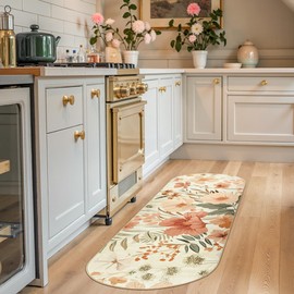 jinchan Summer Floral Runner Rug 2x5 Oval Rug Hallway Washable Modern Oriental Flower Print Non Slip Carpet for Bedroom Kitchen Laundry Room Bathroom Pink/Grey