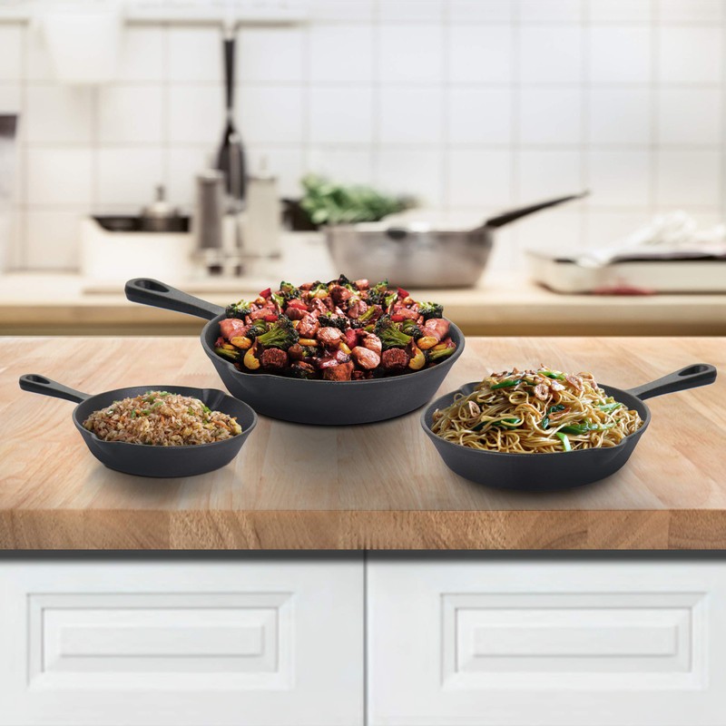 MegaChef Skillet Trio Pre-Seasoned Cast Iron Cookware Set, 3 Piece,