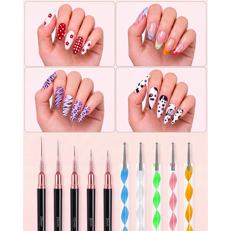 Nail Dotting Tool Set,5 Dotting Tools 5 Liner Brushes for