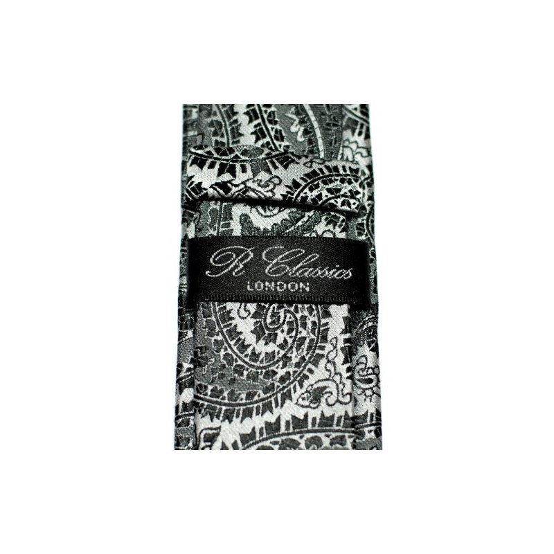 (リトリーズ) RETREEZ ペイズリー アート柄 マイクロファイバー 織り生地 細ネクタイ - ブラック地&シルバー